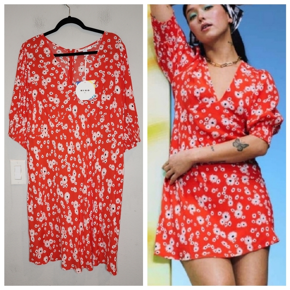 NWT Rixo Target Red Ditsy Daisy Floral Puff Sleeve V-Neck Mini Dress Size 16W/18